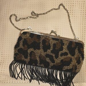 XOXO Black and Brown Beaded Clutch with Fringe
